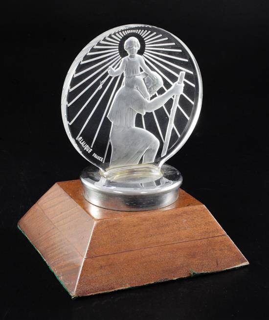 Sainte-Christophe/St. Christopher. A post war glass mascot by René Lalique, introduced on 1/3/1928, No.1142 height with ring 12cm. over